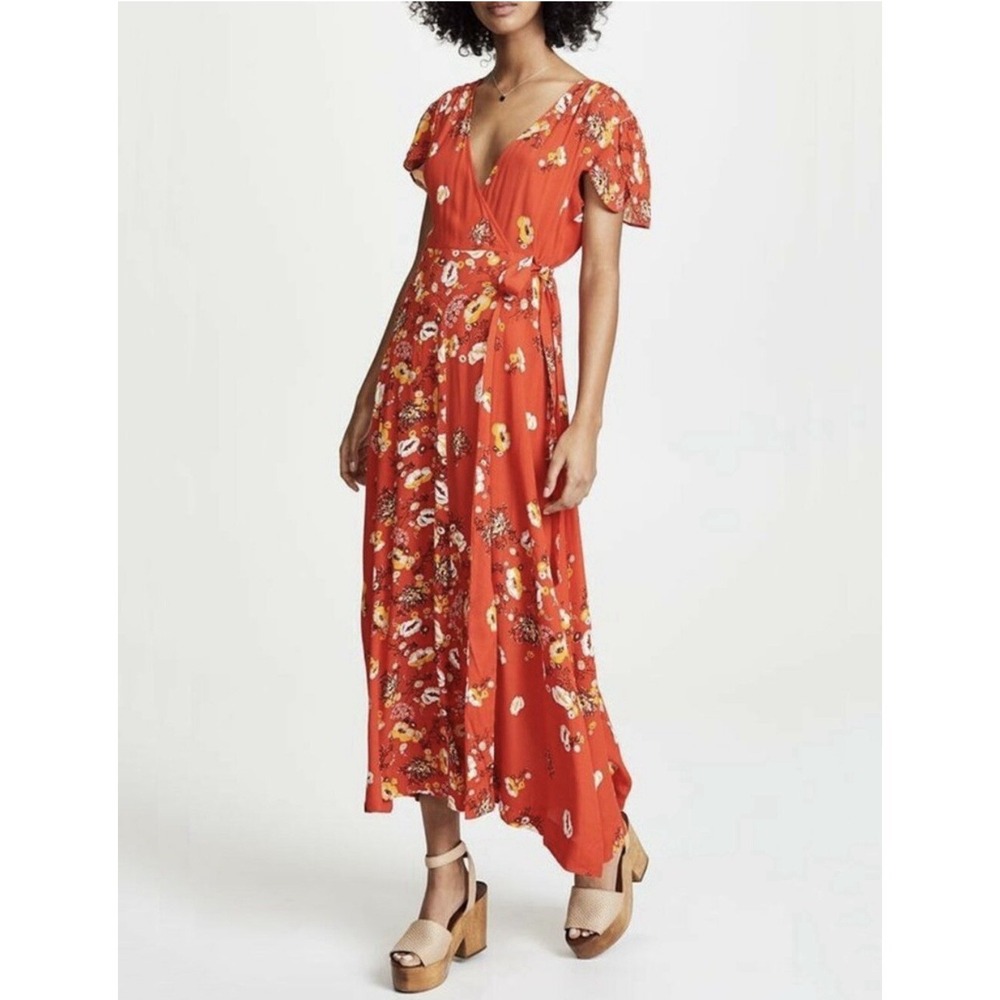 Free‎ People Floral Wrap Maxi Dress Red Boho Flutter Sleeve Viscose
